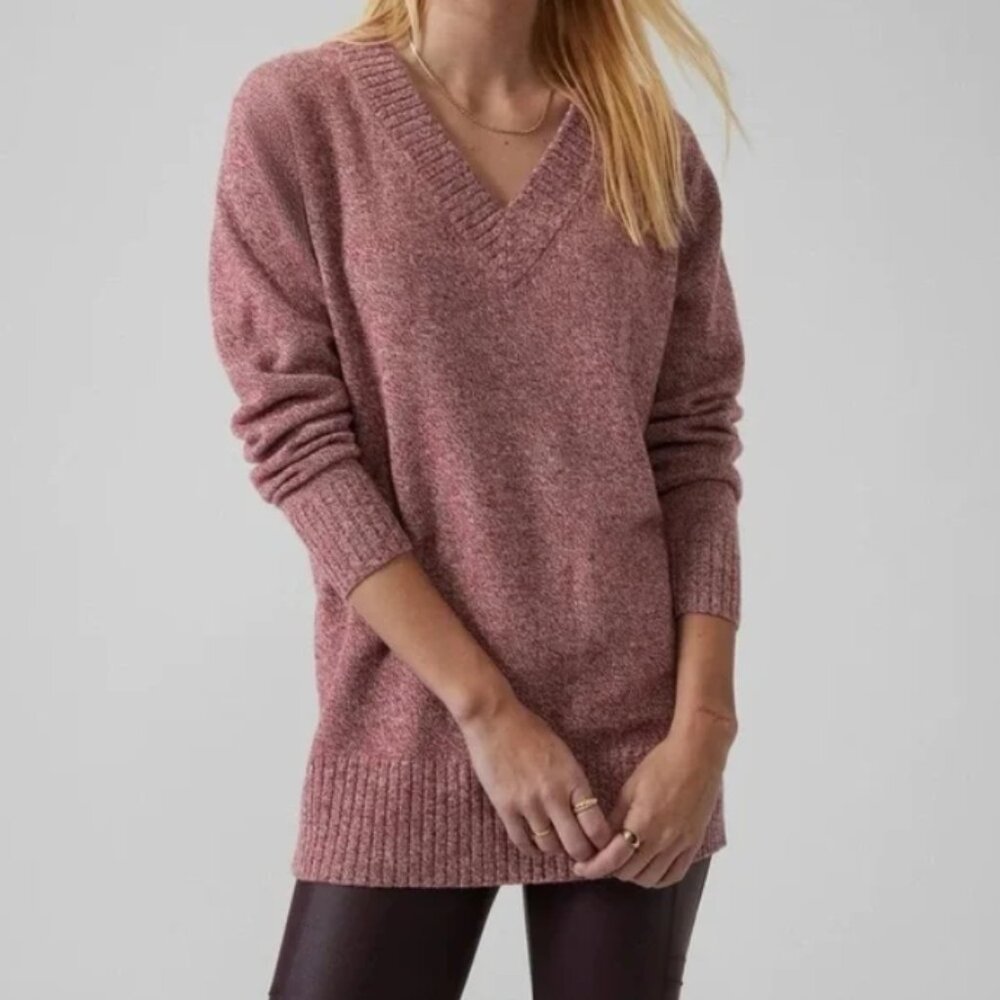 Athleta Vital V-Neck Tunic Sweater, Wool/Cashmere, Red/White Marled - Womens XS